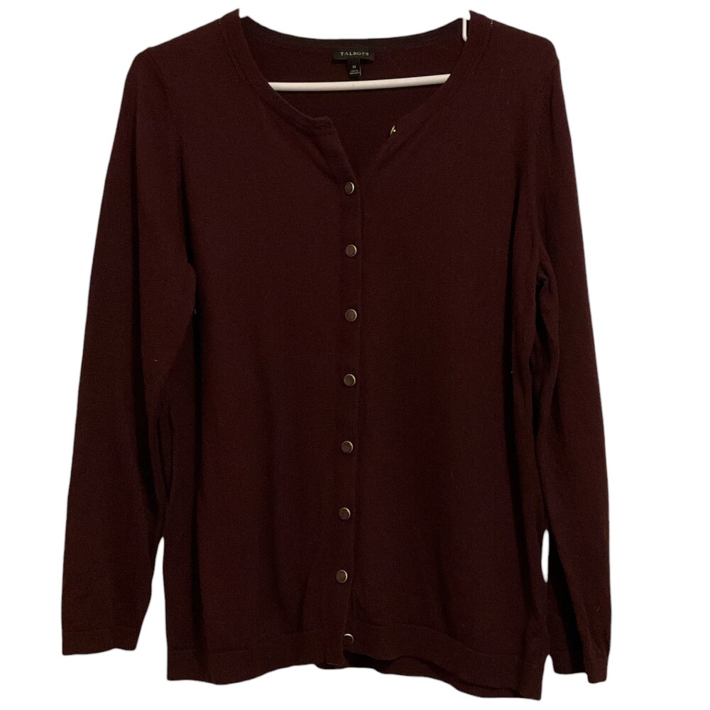 Talbots Medium Burgundy Cardigan Sweater Long Sleeve Snap Button